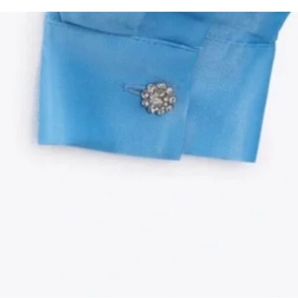 NEW ZARA sky blue Satin Button Up Mini Dress with Gem Detailing - Picture 8 of 13